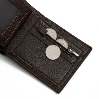 Brown PU leather wallet interior with coin pocket and card slots. Luxury unisex design, perfect for storing coins and cards.