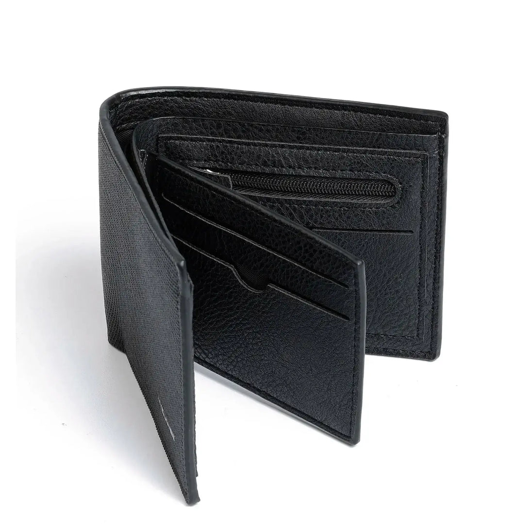 Luxury black PU leather wallet with zipper and card slots, unisex design, stylish and practical for daily use.