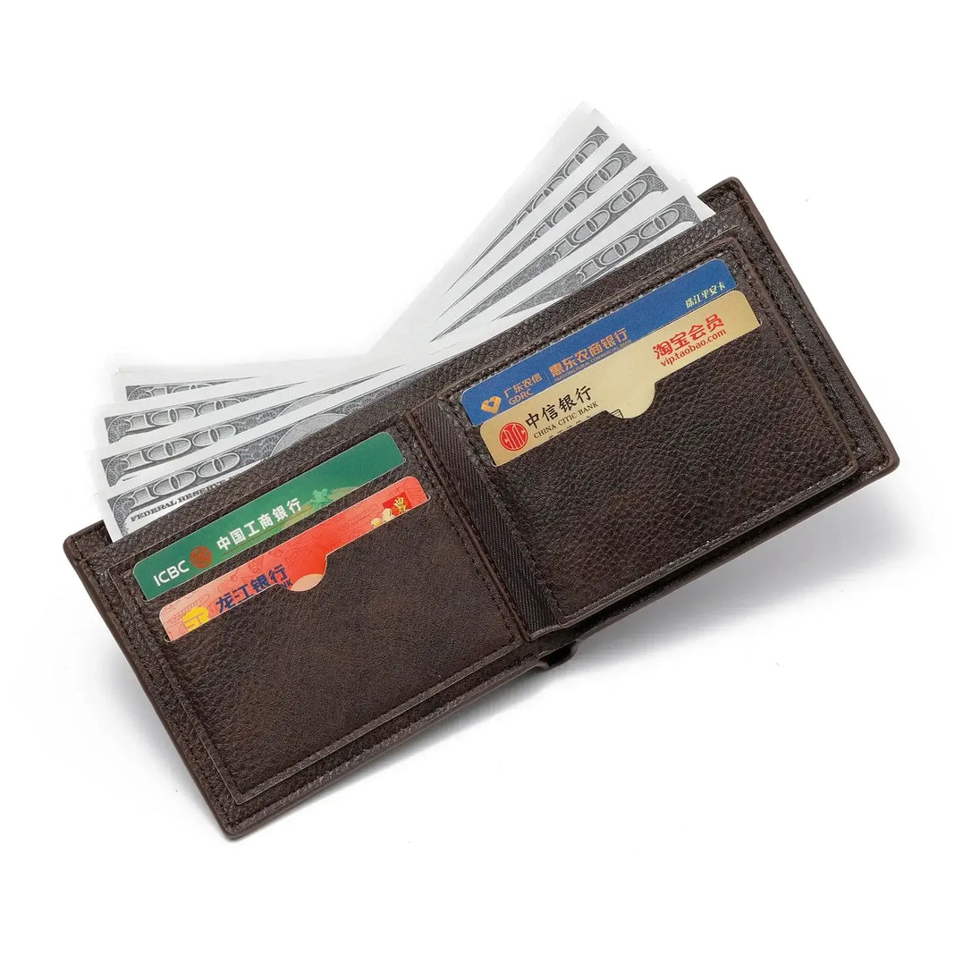 Brown leather wallet with multiple card slots and cash compartments, elegant and practical design.