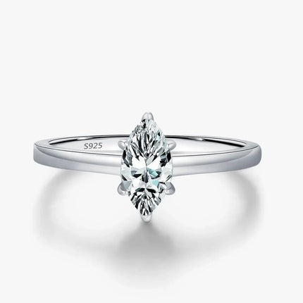 Marquise-cut Rhombic Moissanite Ring on a sleek sterling silver band, showcasing a stunning geometric-cut stone.