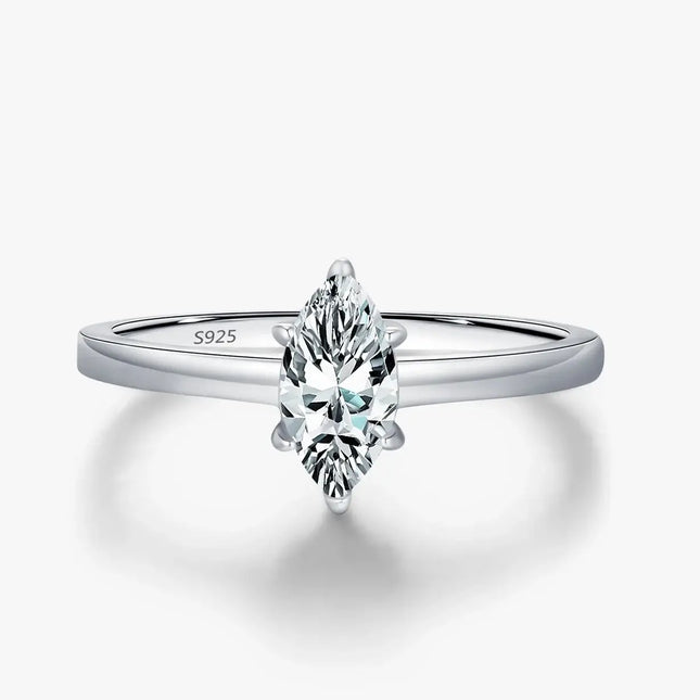 Marquise-cut Rhombic Moissanite Ring on a sleek sterling silver band, showcasing a stunning geometric-cut stone.