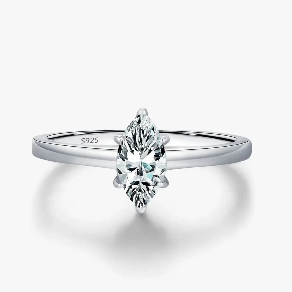 Marquise-cut Rhombic Moissanite Ring on a sleek sterling silver band, showcasing a stunning geometric-cut stone.
