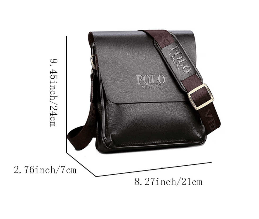 Polo Crossbody Bag with adjustable strap, dimensions 9.45 x 8.27 x 2.76 inches, high-quality PU leather, stylish and practical.