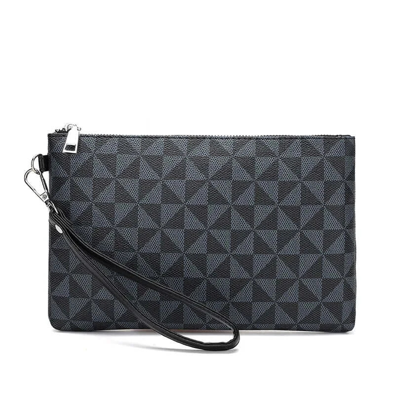Men's black leather clutch bag with geometric pattern, versatile for casual and formal occasions, featuring zipper closure.