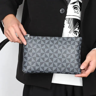 Men clutch bag leather in black plaid pattern, stylish and functional, ideal for casual and formal use.