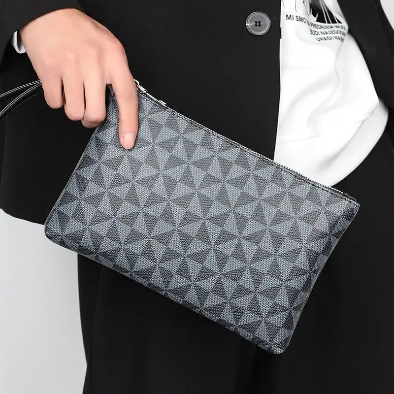 Men's leather clutch bag in grey with plaid pattern, perfect for casual and formal use, featuring zipper closure and organized storage.