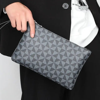 Men's leather clutch bag in grey with plaid pattern, perfect for casual and formal use, featuring zipper closure and organized storage.