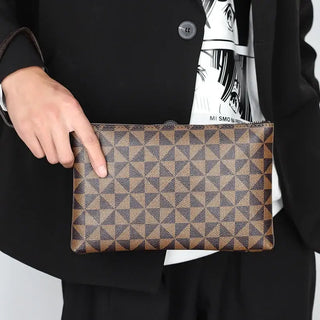 Men's brown plaid clutch bag made of PU leather, stylish and functional for casual or formal occasions.