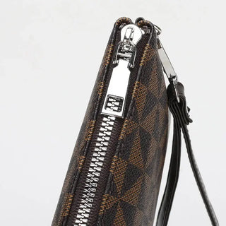 Men's leather clutch bag in brown plaid design featuring a secure zipper closure for stylish organization.