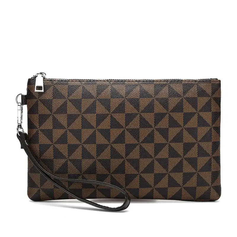 Men's leather clutch bag in brown plaid pattern with zipper closure and wrist strap for versatile styling.