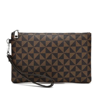 Men's leather clutch bag in brown plaid pattern with zipper closure and wrist strap for versatile styling.
