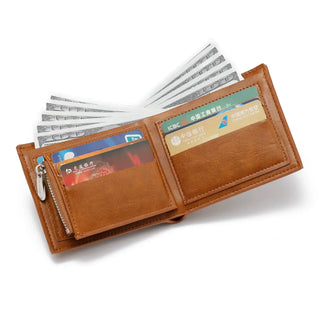 David Jones brown men's wallet with card holder, coin pocket, featuring zipper closure and multiple compartments.