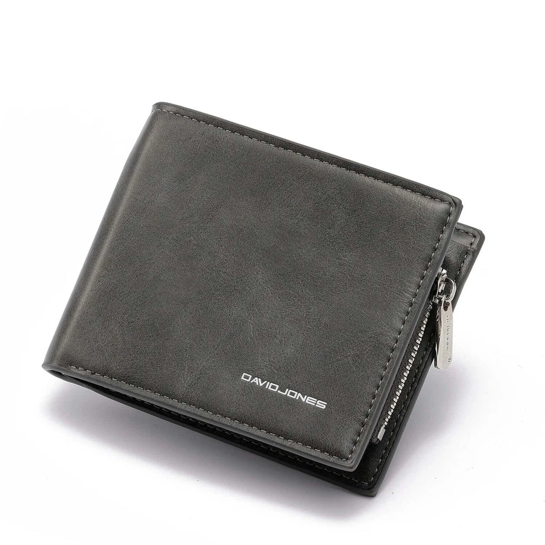 David Jones men's luxury gray wallet with zipper, PU leather, stylish design for unisex use.