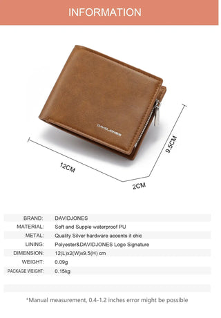 David Jones brown PU leather wallet for men, luxury designer coin purse and card holder with zipper closure.