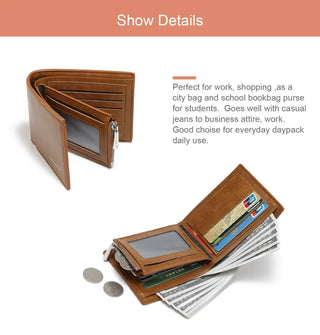 Brown men's wallet with multiple card slots, zipper pocket; perfect for everyday use, work, and shopping.