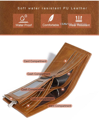 2024 David Jones luxury brown PU leather wallet with card, cash, and coin compartments, water-resistant design.