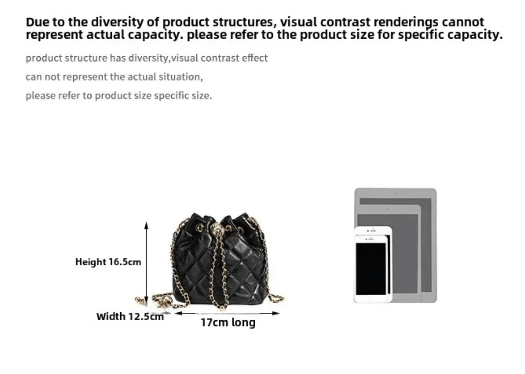 Minimalist quilted drawstring bag in black, showing dimensions and features for practical use.