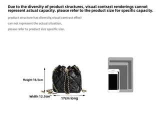 Minimalist quilted drawstring bag in black, showing dimensions and features for practical use.