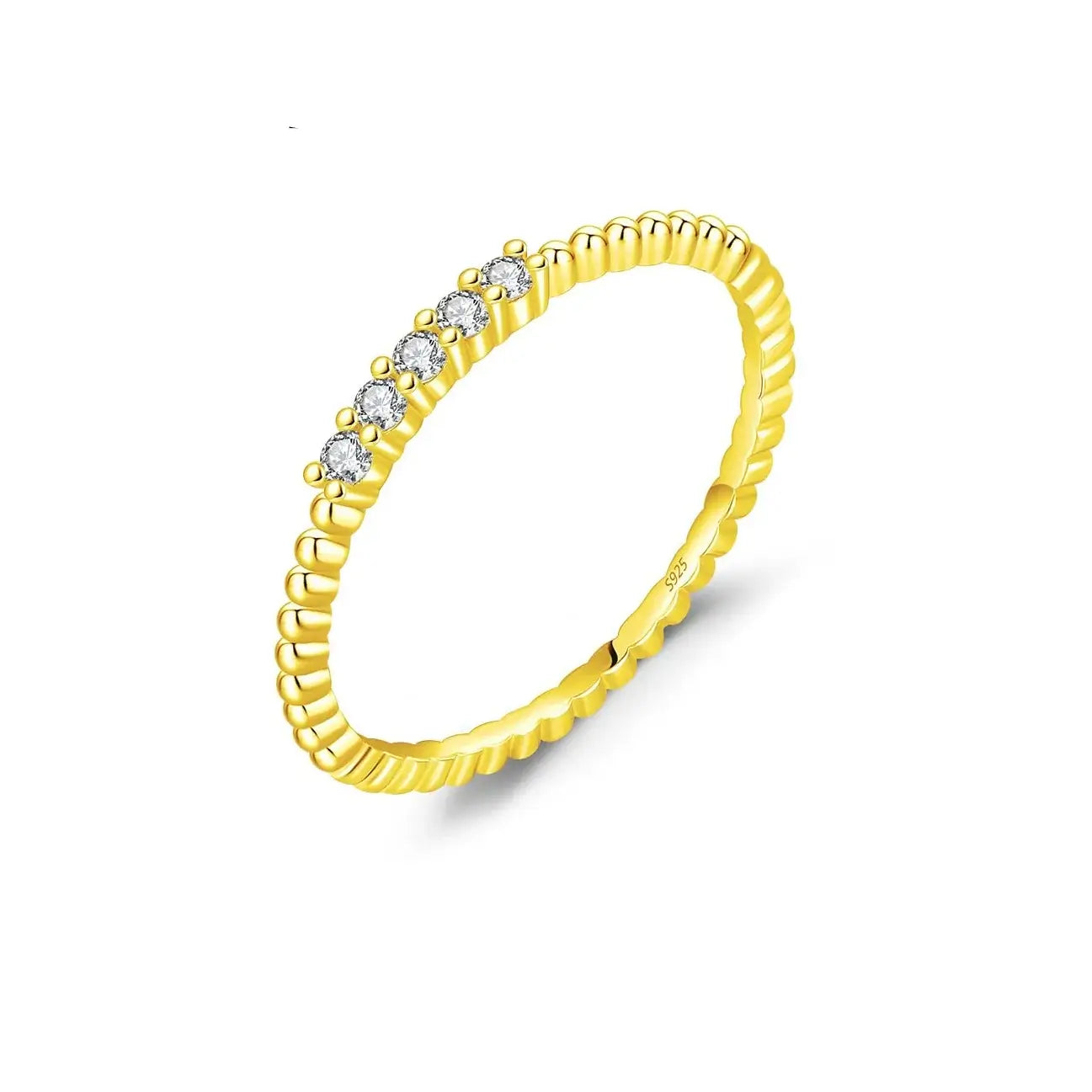 Moissanite Eternity Band Ring in 925 Sterling Silver with round stones in a gold band setting.