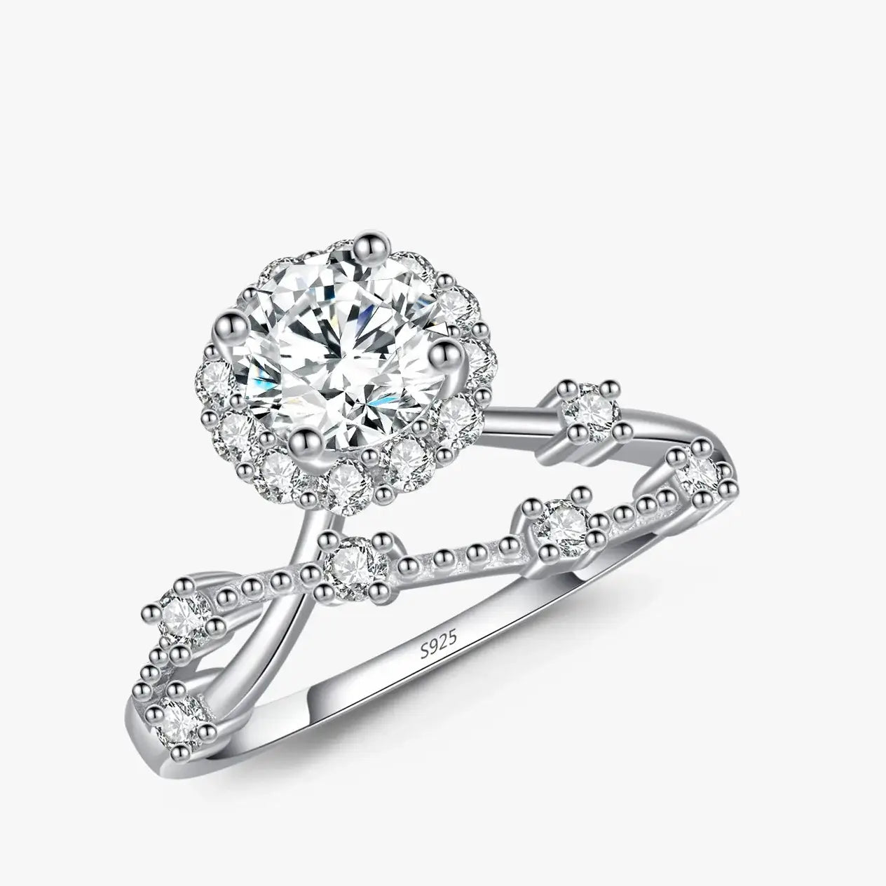 Moissanite Halo Ring with Lab Diamond Accent, featuring a round-cut moissanite in a crown setting, crafted in 925 sterling silver.