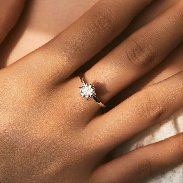 Moissanite Lab Diamond Ring displayed on a woman's hand, showcasing a stunning round moissanite in a classic setting.
