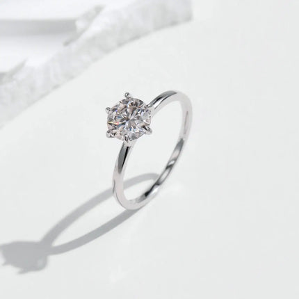 Moissanite Lab Diamond Ring featuring a 1.0CT round moissanite in classic prong setting on a silver band.