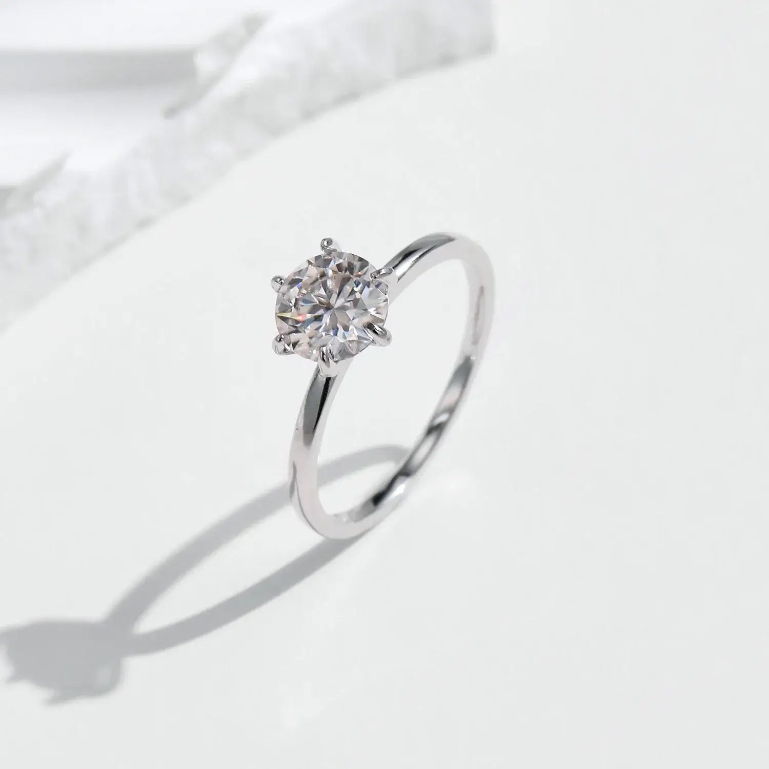 Moissanite Lab Diamond Ring featuring a 1.0CT round moissanite in classic prong setting on a silver band.