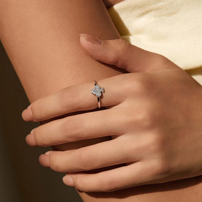 Moissanite Ring in 925 Sterling Silver worn on a hand, showcasing its geometric design and sparkling stones.