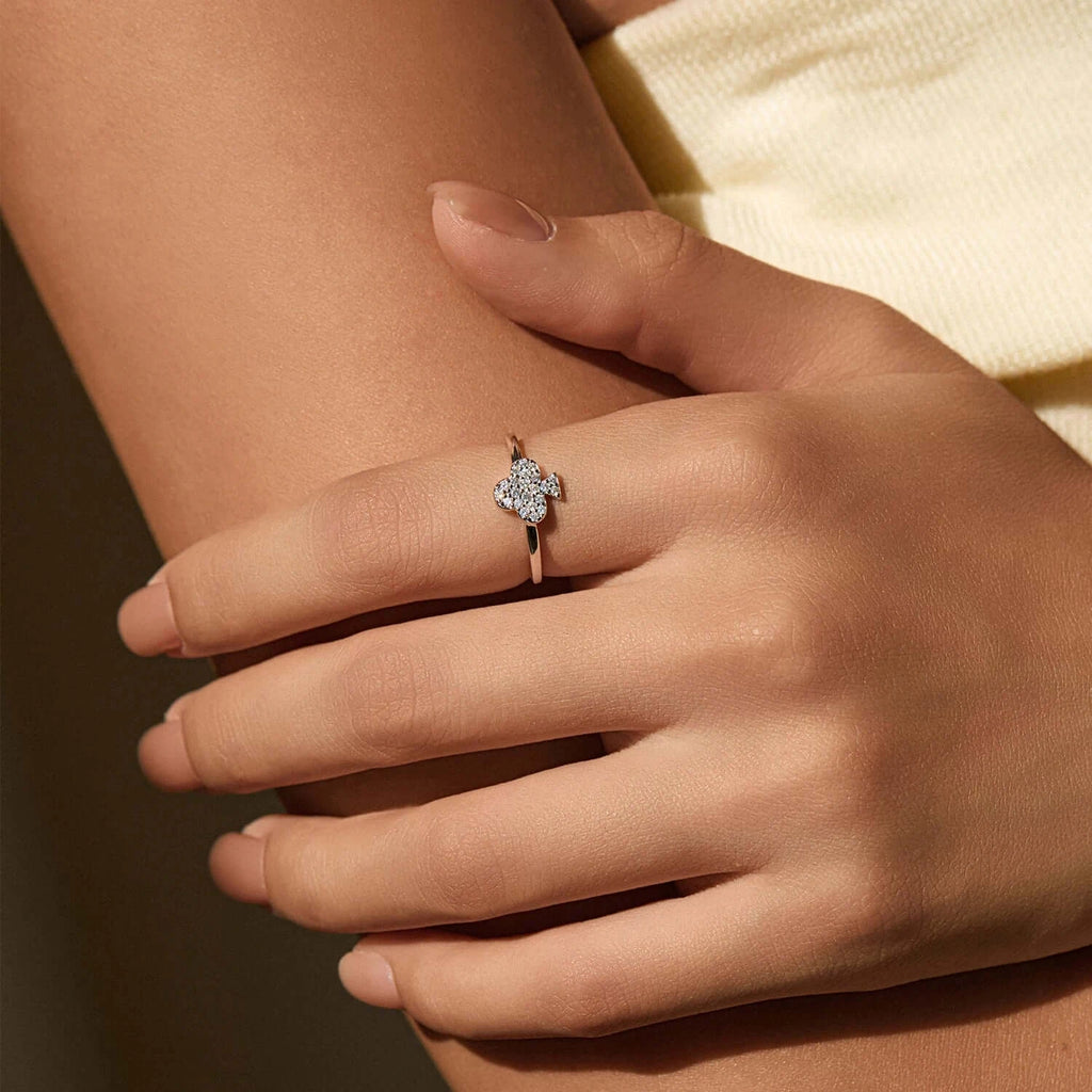 Moissanite Ring in 925 Sterling Silver worn on a hand, showcasing its geometric design and sparkling stones.