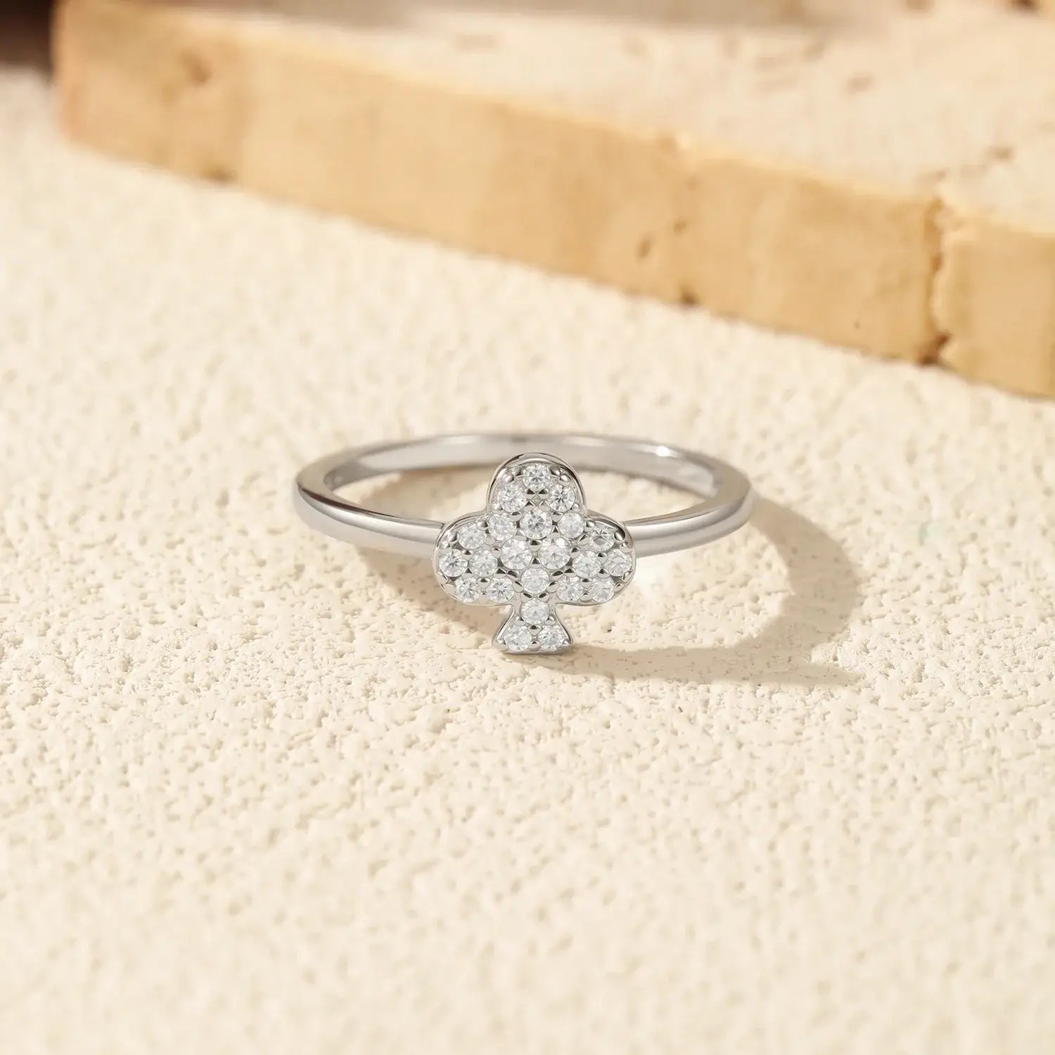Moissanite Ring in 925 Sterling Silver with a geometric clover design, featuring sparkling D-color VVS1 stones.