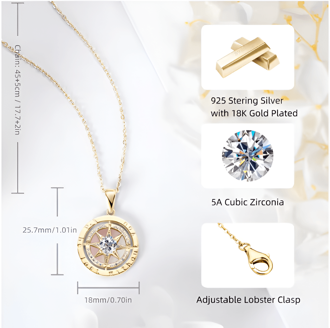 Necklace Compass 925 Stering Silver with 18K Gold Plated