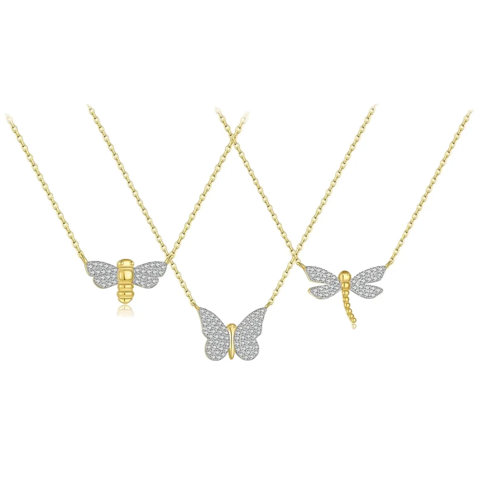 Dragonfly Necklace 925 Sterling Silver featuring bee, butterfly, and dragonfly motifs with zircon accents.