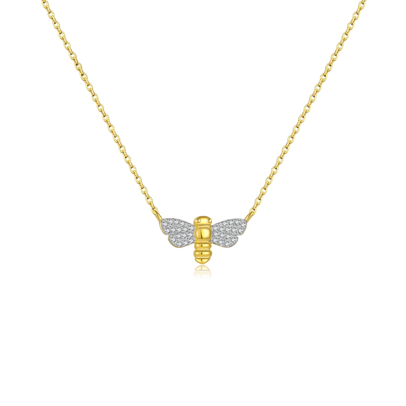 Dragonfly Necklace 925 Sterling Silver with bee motif and sparkling zircon accents on a gold-plated chain.