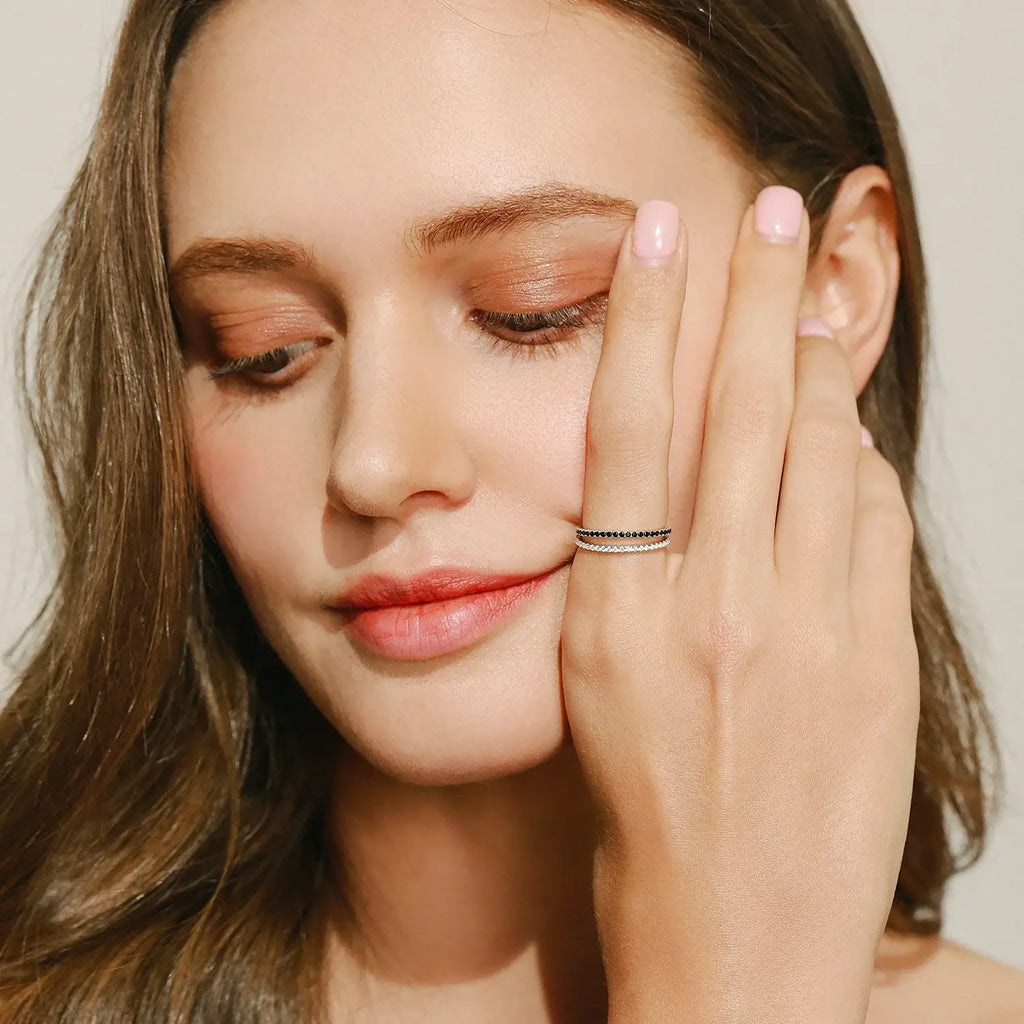Pave Zircon Ring 925 Sterling Silver worn by a woman, showcasing its elegant and trendy pavé-style design.