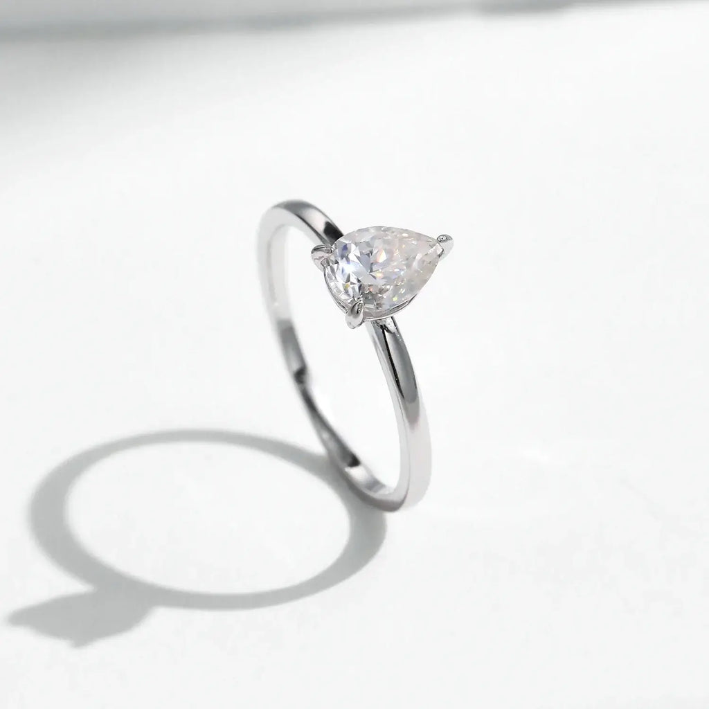 Pear Cut Moissanite Ring 925 Sterling Silver showcasing a stunning water-drop moissanite gem in a classic setting.