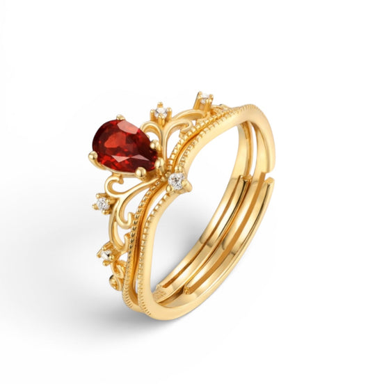 Set Anello Corona – Granato Rosso del Mozambico e Zirconia, Argento 925, Placcato Oro