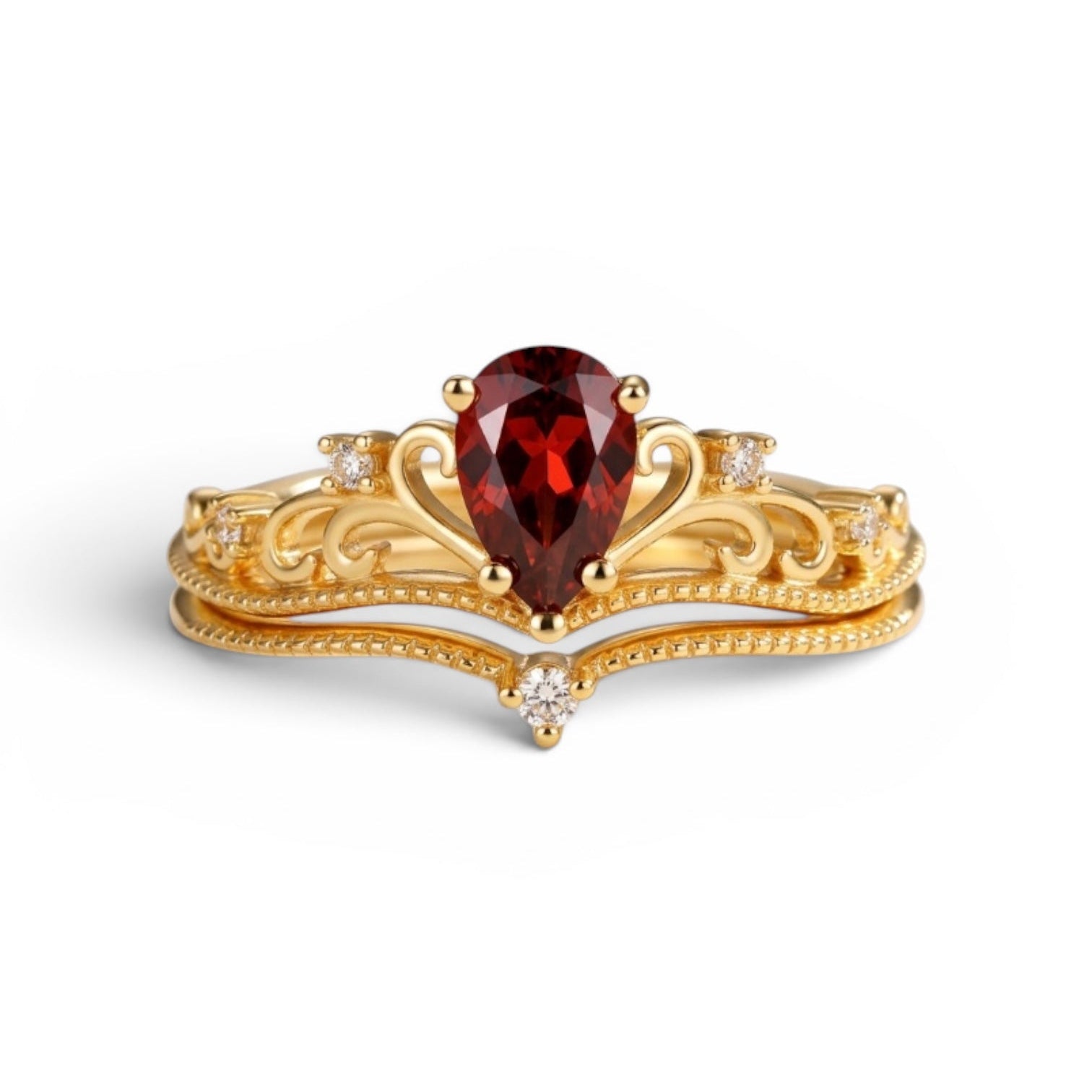 Crown Ring Set – Mozambique Red Garnet & Zirconia, 925 Silver, Gold Plated