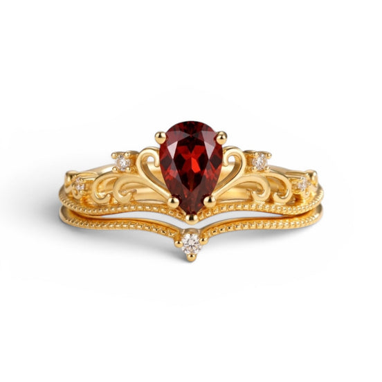 Set Anello Corona – Granato Rosso del Mozambico e Zirconia, Argento 925, Placcato Oro