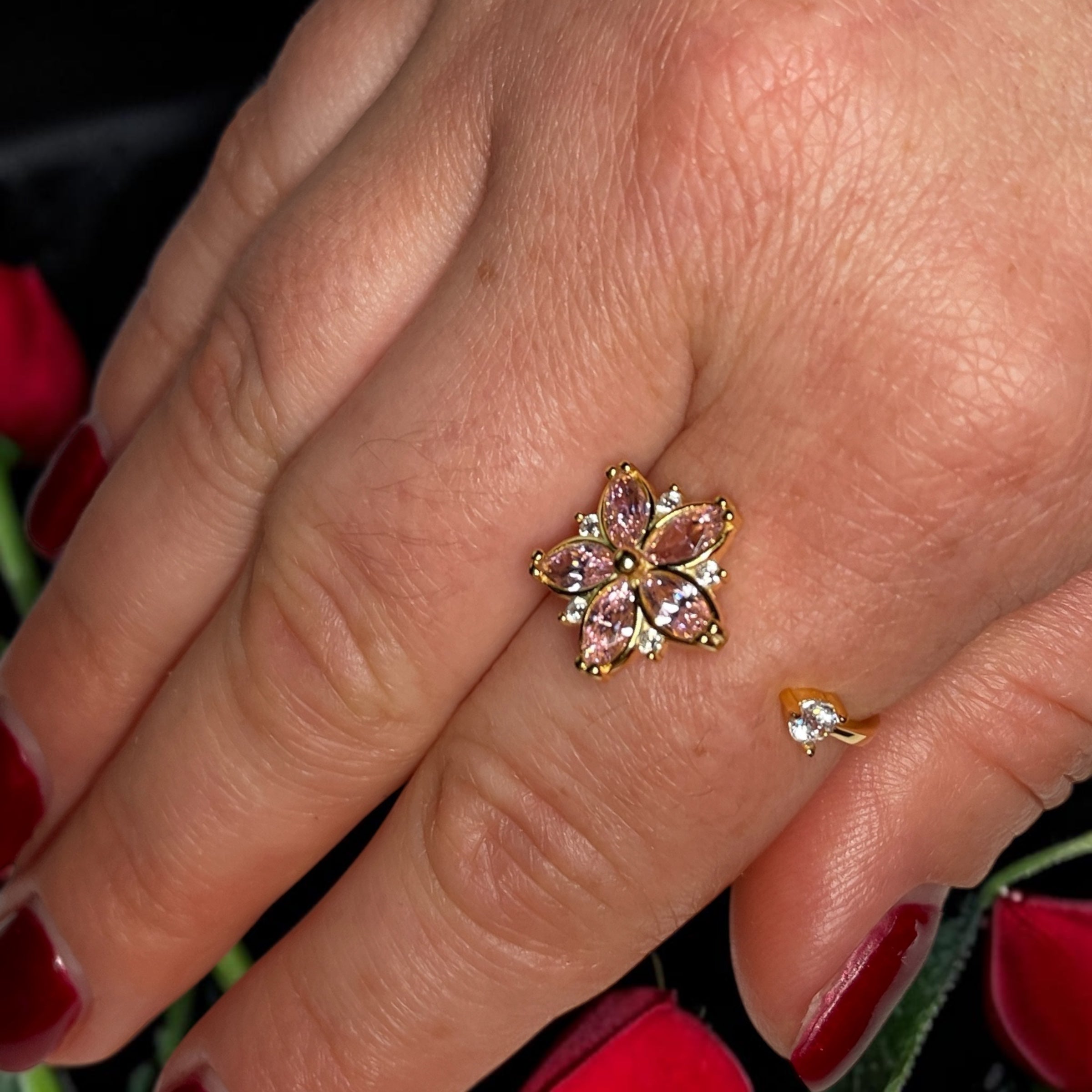 Pink Flower Adjustable Ring in 925 Sterling Silver with Crystal Accent