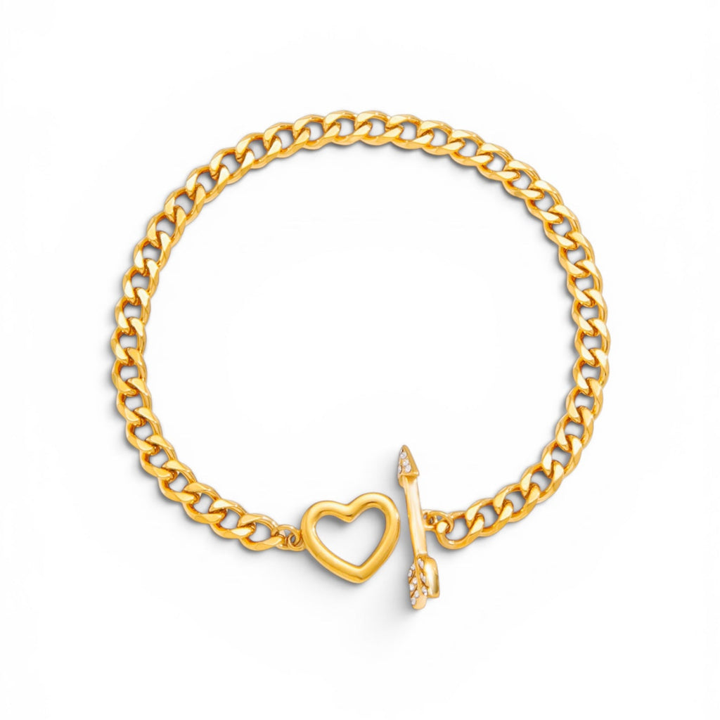Chain Bracelet 18K Gold Stainless Steel – Classic Crystal Arrow Heart Design with OT Clasp Toggle Closure