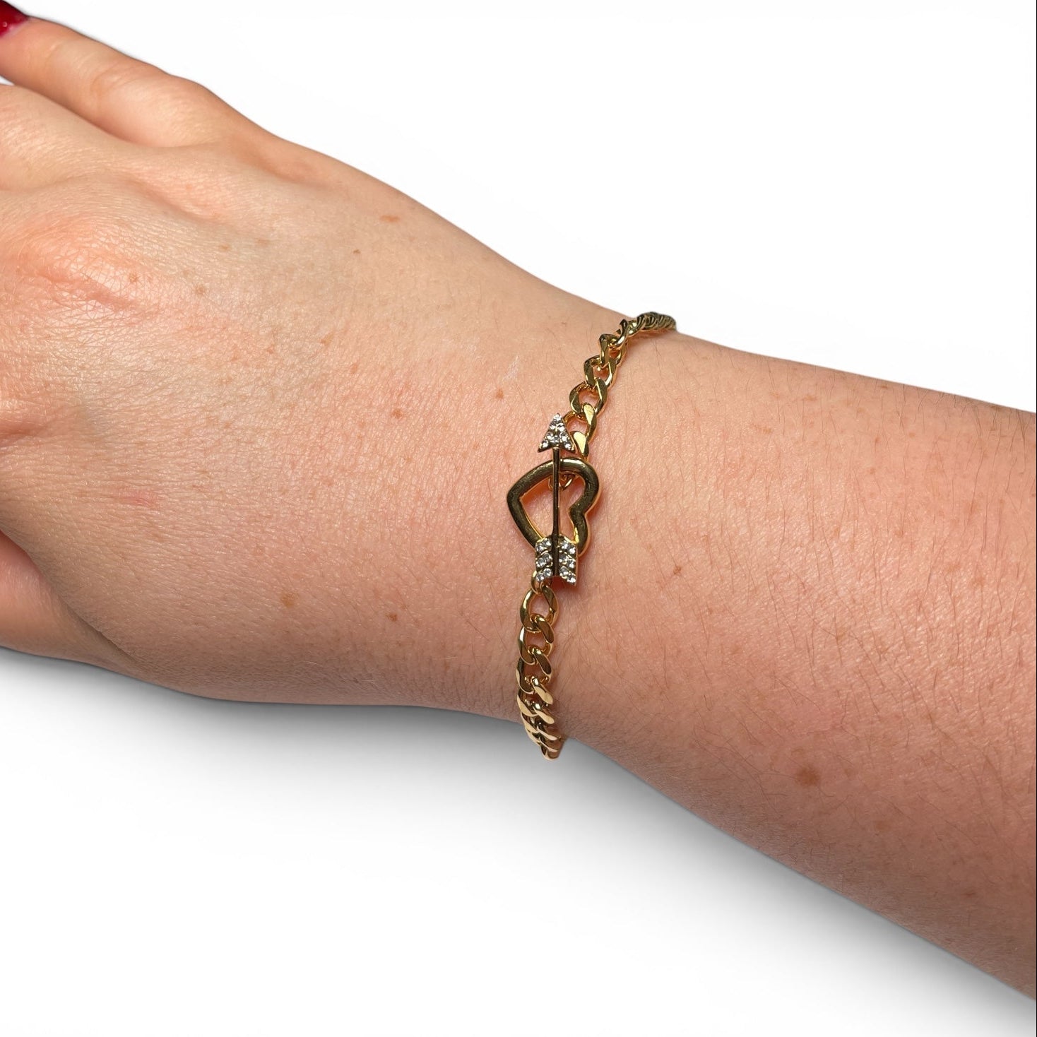 Chain Bracelet 18K Gold Stainless Steel – Classic Crystal Arrow Heart Design with OT Clasp Toggle Closure