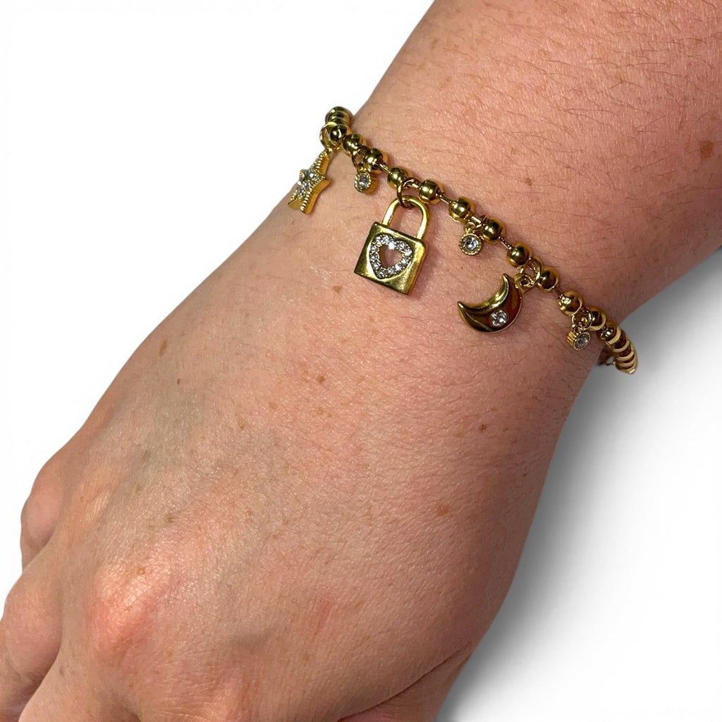 Bracelet – 18K Gold Plated Love Lock & Fleur De Lis Charm with White CZ Crystals