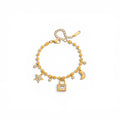 Bracelet – 18K Gold Plated Love Lock & Fleur De Lis Charm with White CZ Crystals