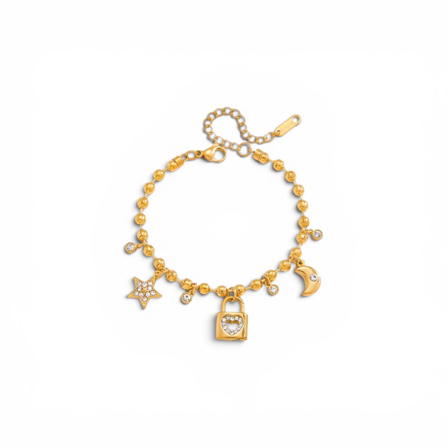 Bracelet – 18K Gold Plated Love Lock & Fleur De Lis Charm with White CZ Crystals