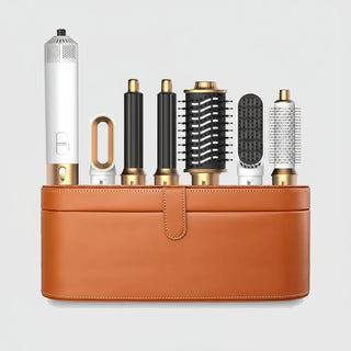 Hair Dryer - Hair styler Professional Multi Styler 7-in-1 accessories arranged in a stylish brown storage case.