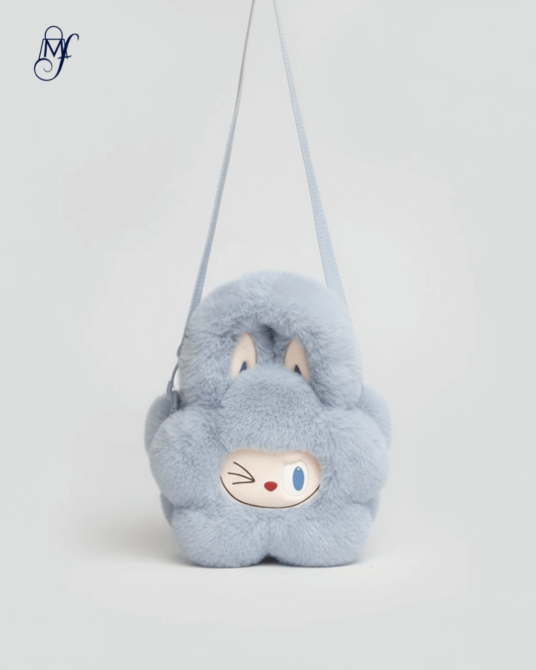 Labubu Handbag with fluffy light blue exterior and cute facial design, ideal for ages 14 and up.
