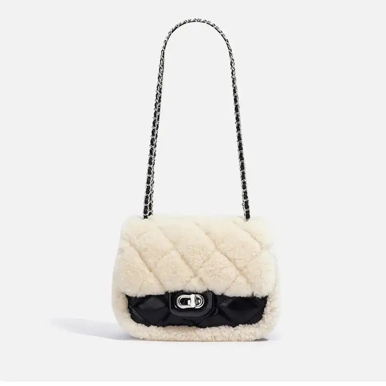 Elegant cream and black quilted handbag, stylish fur shoulder bag for women, perfect for daily use and special occasions.