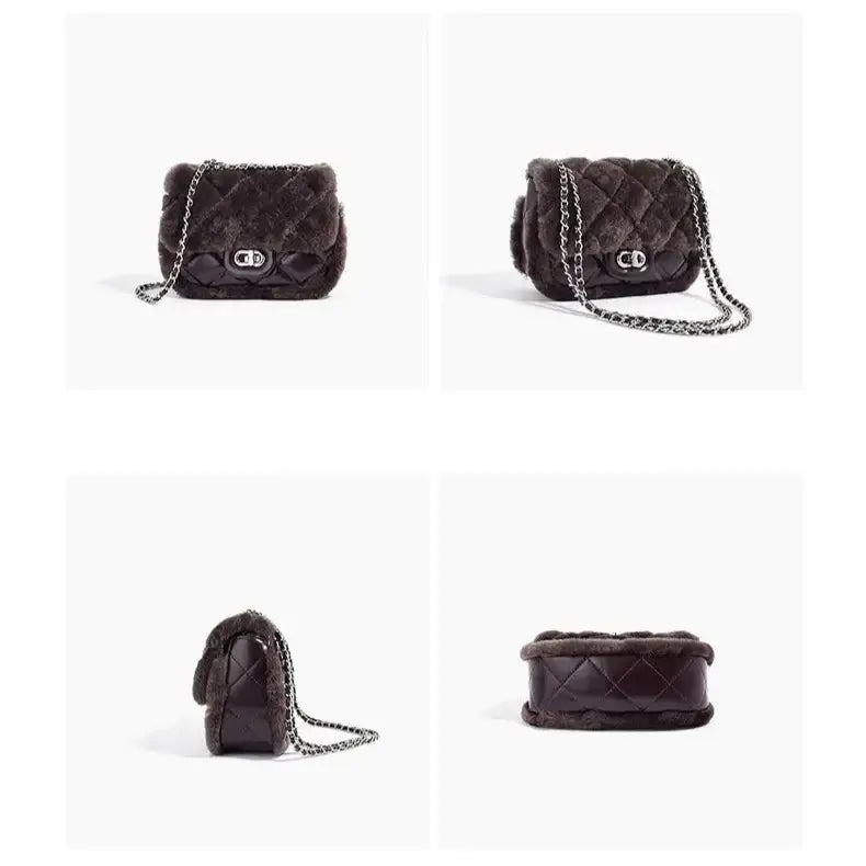 Elegant dark brown quilted leather handbag with chain strap, showcasing front, side, and bottom views.