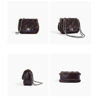 Elegant dark brown quilted leather handbag with chain strap, showcasing front, side, and bottom views.