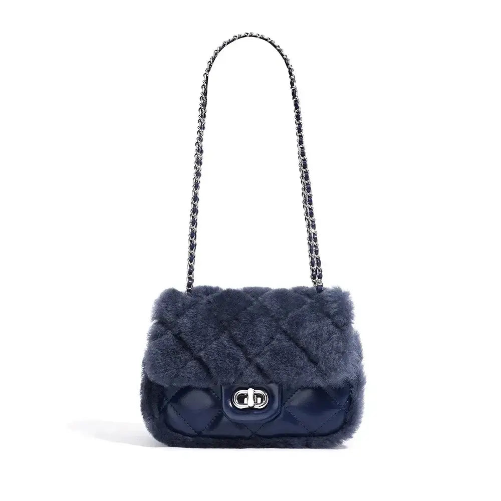Navy blue fur handbag with chain strap, quilted design, elegant and stylish for women's daily use.